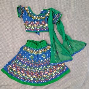 Colorful Traditional Outfit with Green and Blue Patterns